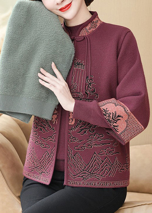 Ensemble deux pièces vintage rouge à col montant et pompons en tricot, printemps TQ009