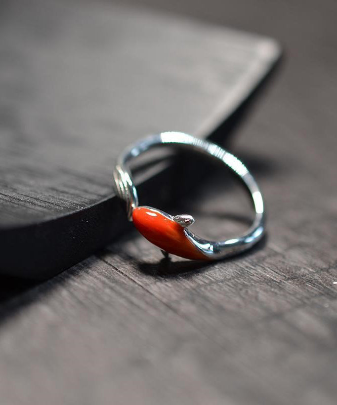 Bague ouverte vintage en argent sterling rouge avec motif carpe brodée YI020