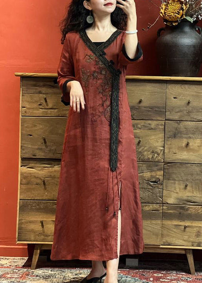 Robe vintage en lin rouge à col en V et à ouverture latérale brodée pour l'été EE1024