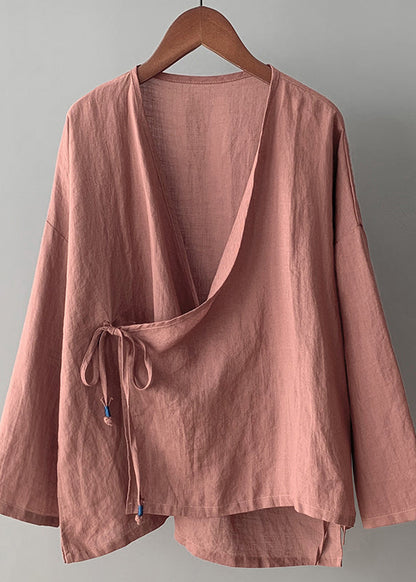 Haut en coton à lacets et col en V style vintage rose, printemps TI033
