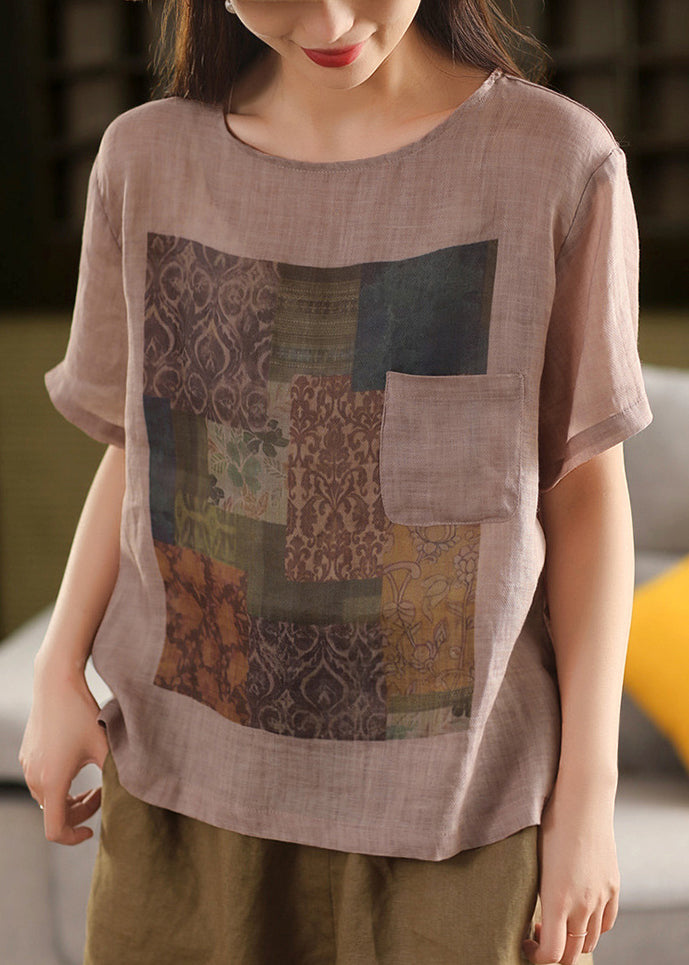 Haut Summe Taschen O Leinen T Vintage Shirts Druck Hals Rosa