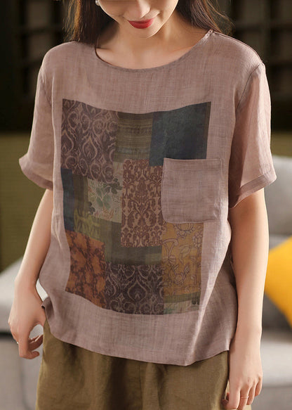 Haut Summe Taschen O Leinen T Vintage Shirts Druck Hals Rosa