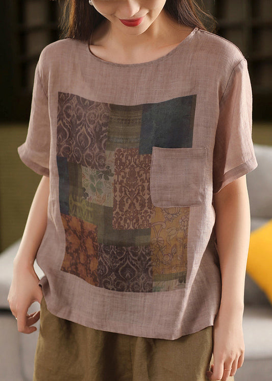 Haut Summe Taschen O Leinen T Vintage Shirts Druck Hals Rosa