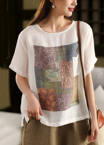 Haut Summe Taschen O Leinen T Vintage Shirts Druck Hals Rosa