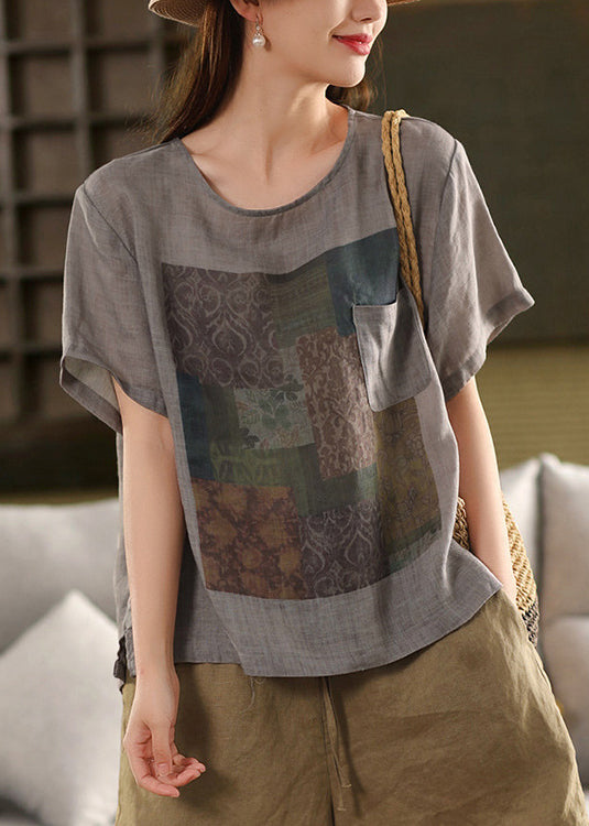 Haut Summe Taschen O Leinen T Vintage Shirts Druck Hals Rosa