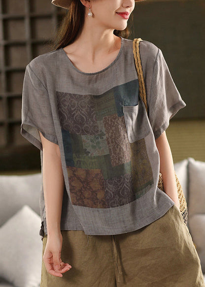 Haut Summe Taschen O Leinen T Vintage Shirts Druck Hals Rosa