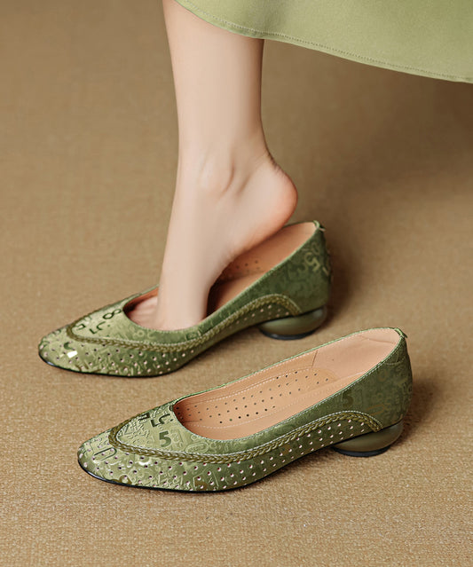Green Splicing Vintage Cowhide Chunky Leather Breathable Shoes