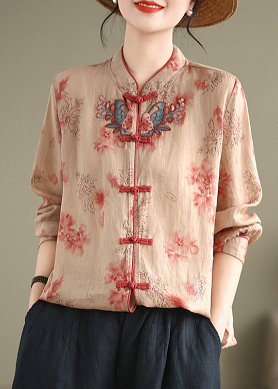 Vintage Stand Collar Print Button Shirt Fall AP017