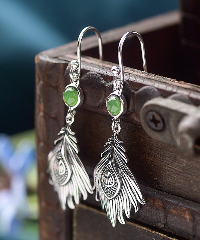 Vintage Sterling Silver Jade Feather Drop Earrings PO073