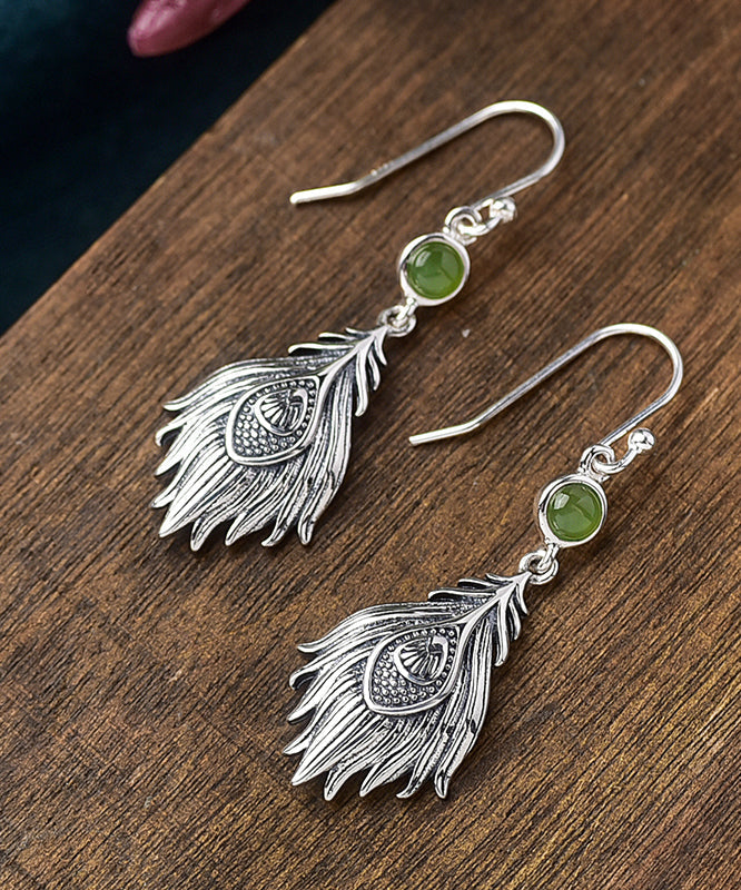 Vintage Sterling Silver Jade Feather Drop Earrings PO073