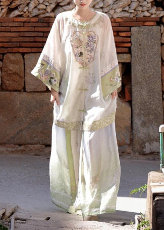 Chemises patchwork brodées blanches vintage, pantalon à jambes larges et ensemble deux pièces, printemps UU1052