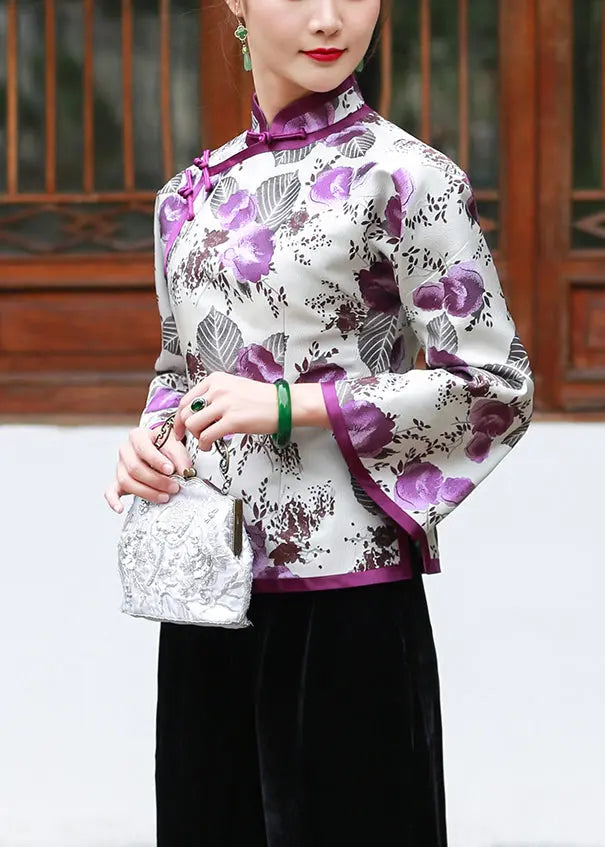 Vintage White Print Button Patchwork Silk Blouses Flare Sleeve Ada Fashion