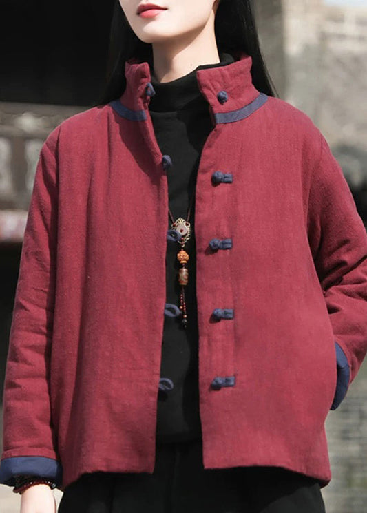 Vintage Wine Red Stand Collar Button Cotton Filled Parkaer Winter QO001
