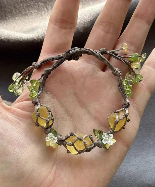 Vintage Yellow Handmade Weaving Crystal Floral Tassel Charm Bracelet QD014