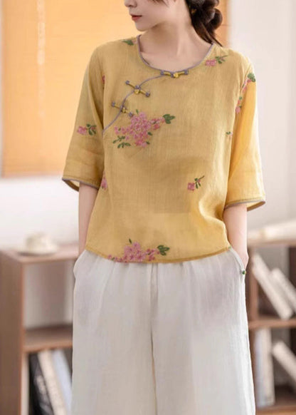 Chemise boutonnée en lin à col oriental O Vintage d'été Jaune