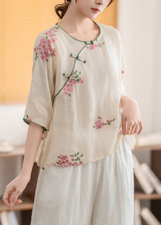 Chemise boutonnée en lin à col oriental O Vintage d'été Jaune