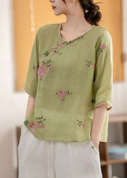 Chemise boutonnée en lin à col oriental O Vintage d'été Jaune