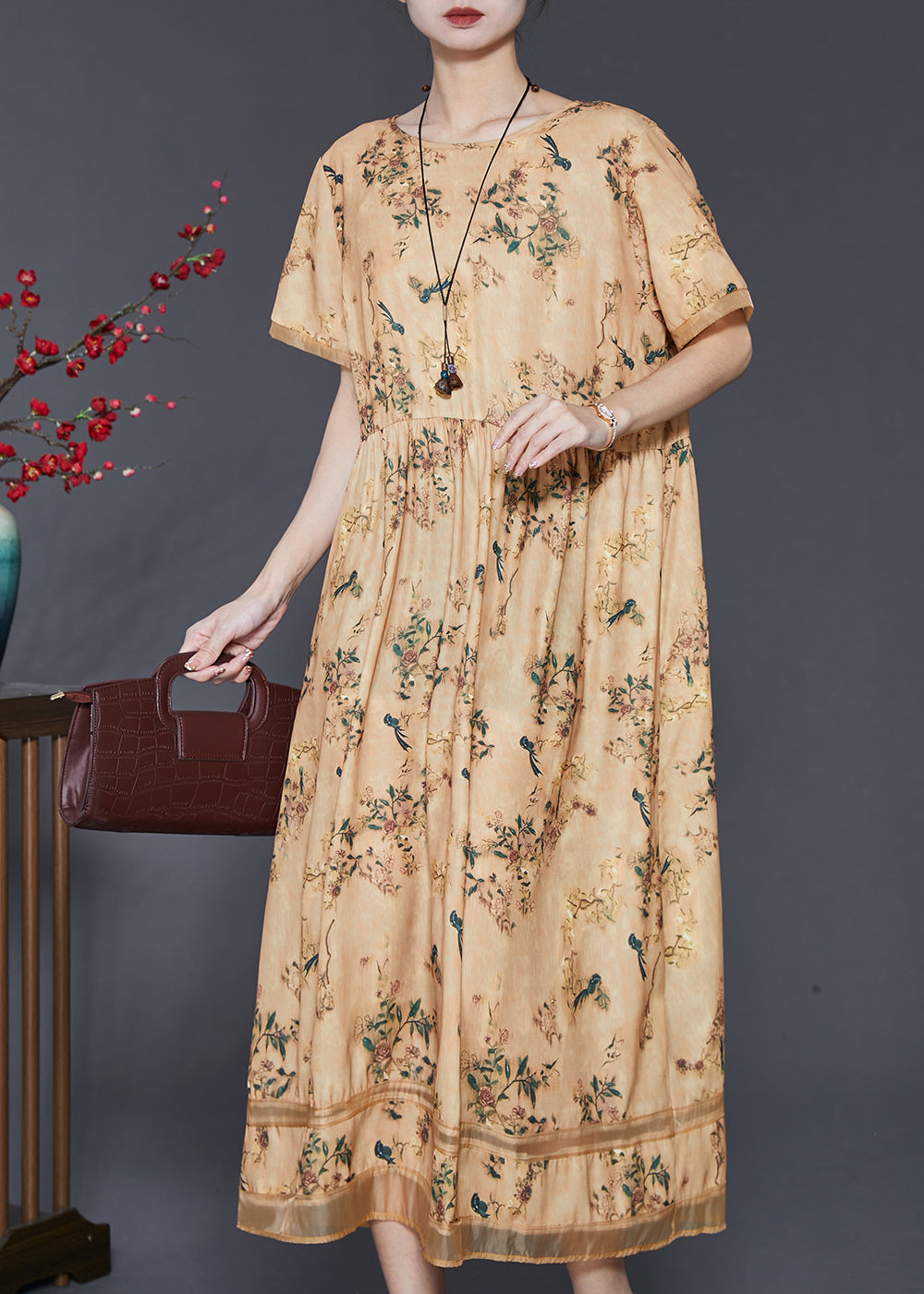 Vintage Yellow Print Exra Large Hem Silk Dresses Summer SD1053