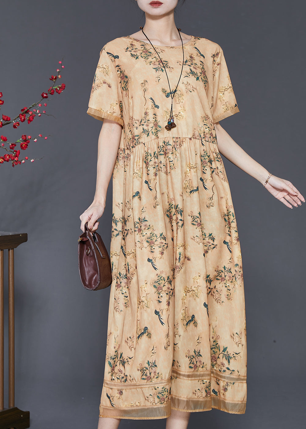 Vintage Yellow Print Exra Large Hem Silk Dresses Summer SD1053