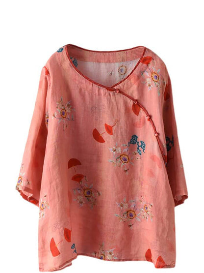 Plus Size Vintage Floral O-Ausschnitt Damen Ramie Shirt TY1049