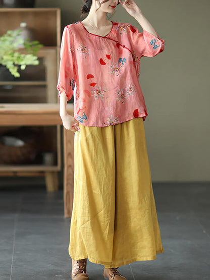 Plus Size Vintage Floral O-Ausschnitt Damen Ramie Shirt TY1049