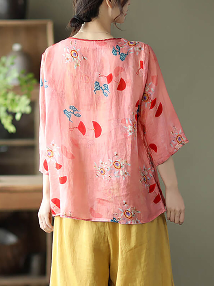 Plus Size Vintage Floral O-Ausschnitt Damen Ramie Shirt TY1049