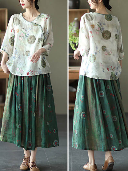 Plus Size Vintage Floral O-Ausschnitt Damen Ramie Shirt TY1049