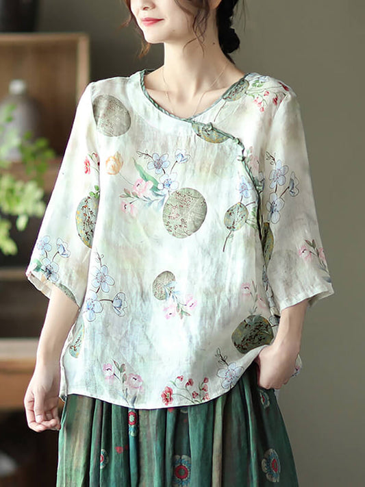 Plus Size Vintage Floral O-neck Women Ramie Shirt TY1049