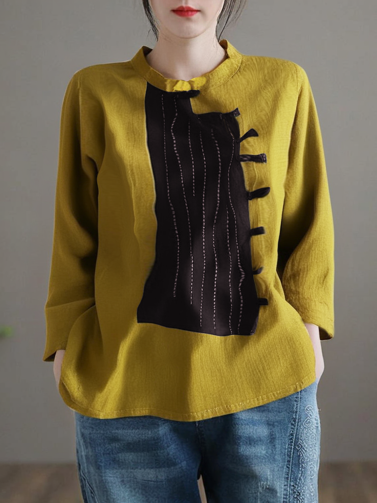 Grace Gelb Stehkragen Patchwork Knopf Leinen Top Armband Ärmel QR020