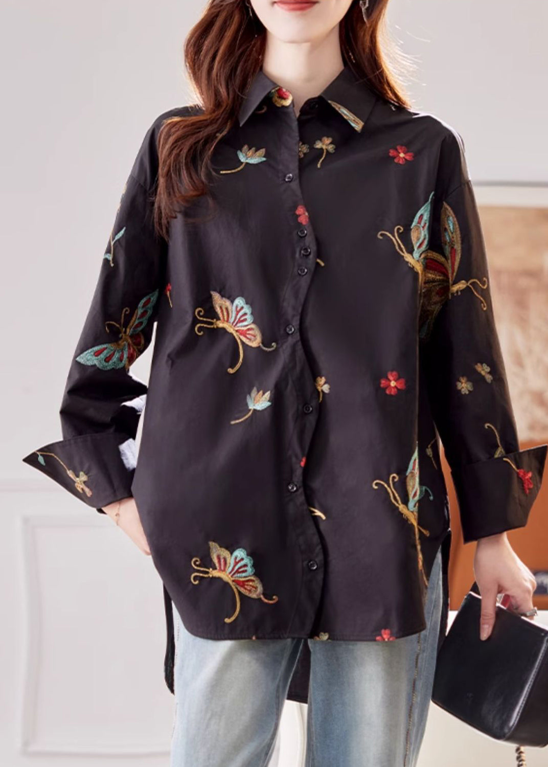 Flare Pan Sleeve Peter Cotton Shirts Print Kragen Schwarz Vogue