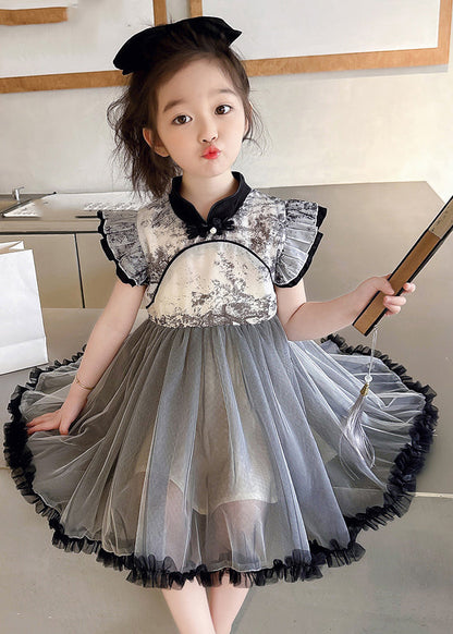 Robe longue noire à volants et col montant en tulle pour enfants, sans manches, MN032