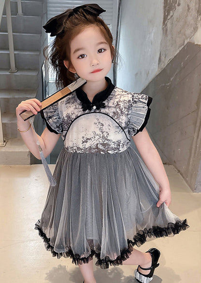 Robe longue noire à volants et col montant en tulle pour enfants, sans manches, MN032