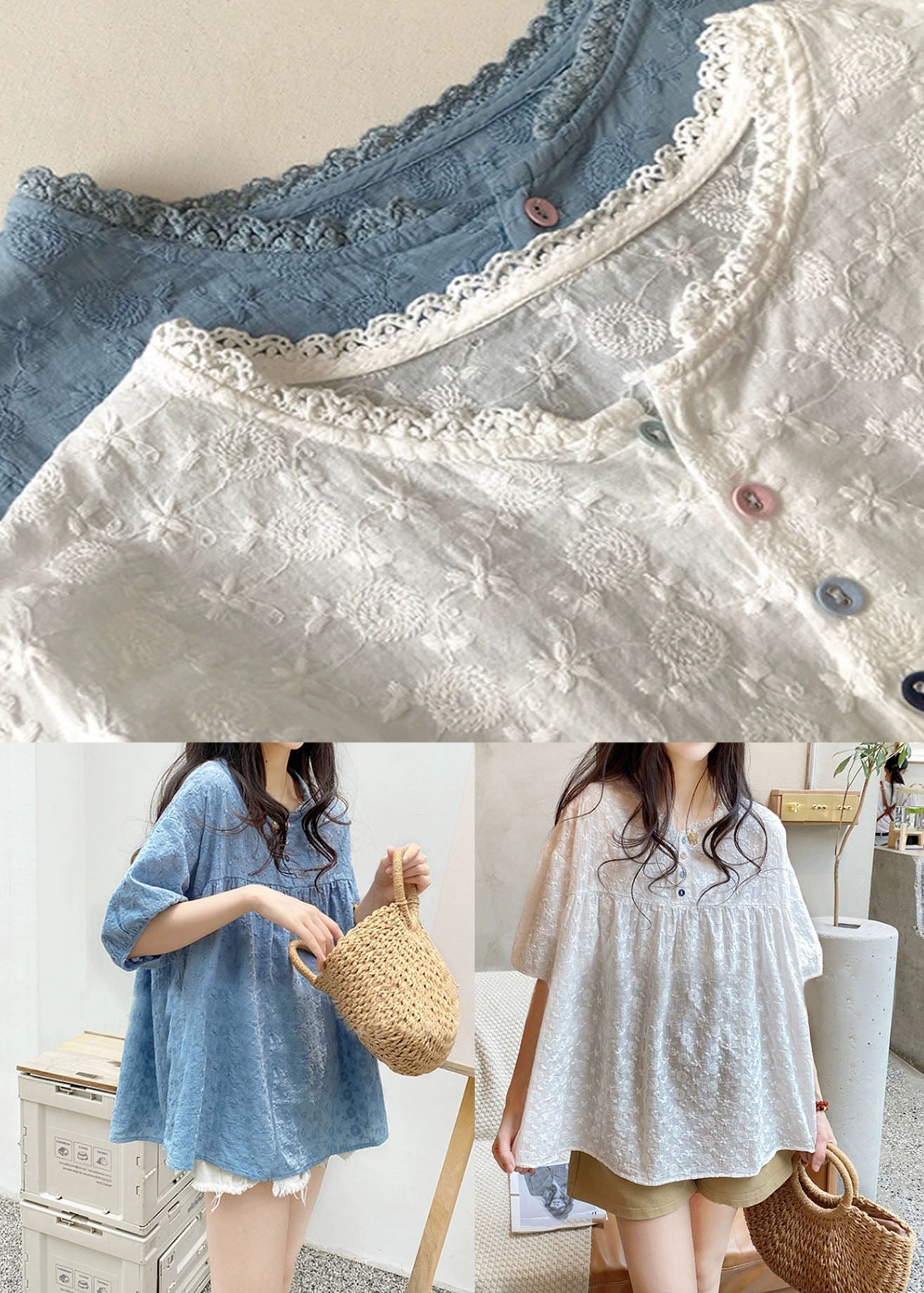 Vogue Blue Embroidered Button Shirt Short Sleeve BV033