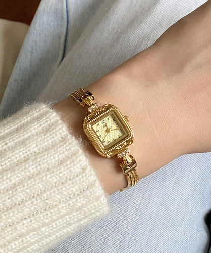 Montres à chaîne carrée Vogue en acier inoxydable et zircon doré