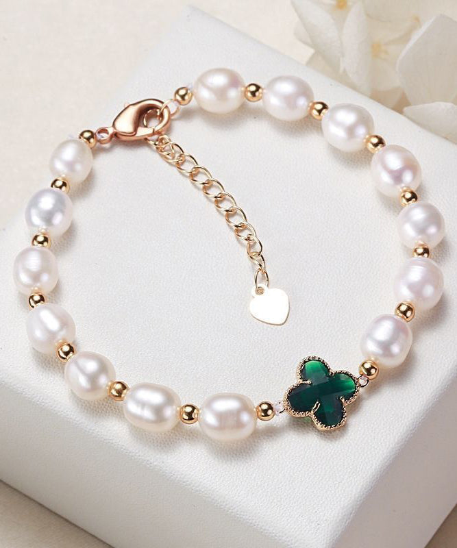 Vogue Grünes Sterling Silber Overgild Zirkon Perle Vierblättriges Kleeblatt Charm Armband YA052