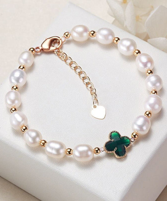 Bracelet à breloques en argent sterling vert Vogue avec perle et trèfle à quatre feuilles en zircon surdoré YA052