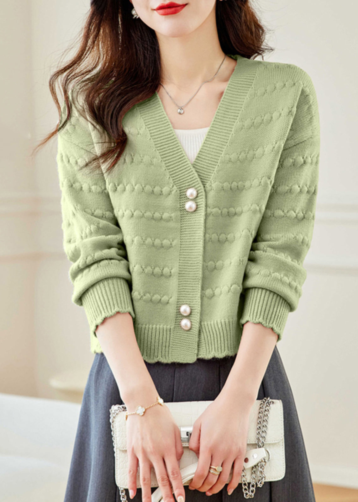 Vogue Green V Neck Button Knit Coat Fall QG012