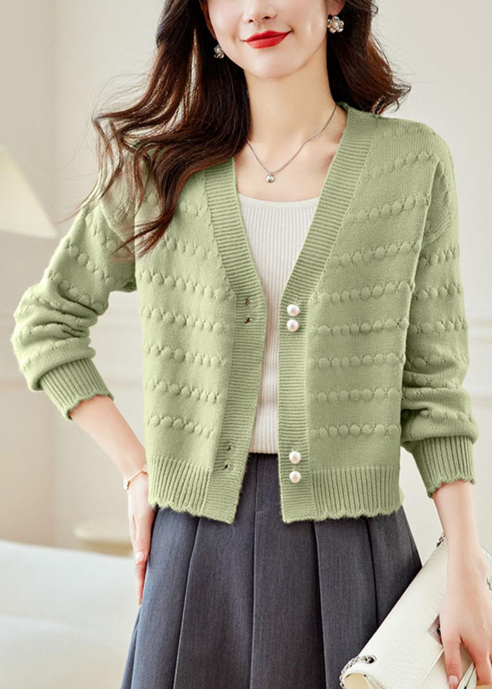 Vogue Green V Neck Button Knit Coat Fall QG012