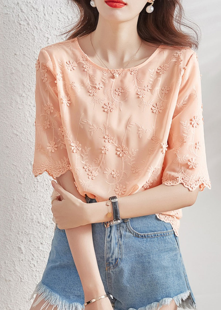 Vogue O-Neck Embroidered Chiffon Shirt Short Sleeve WW012