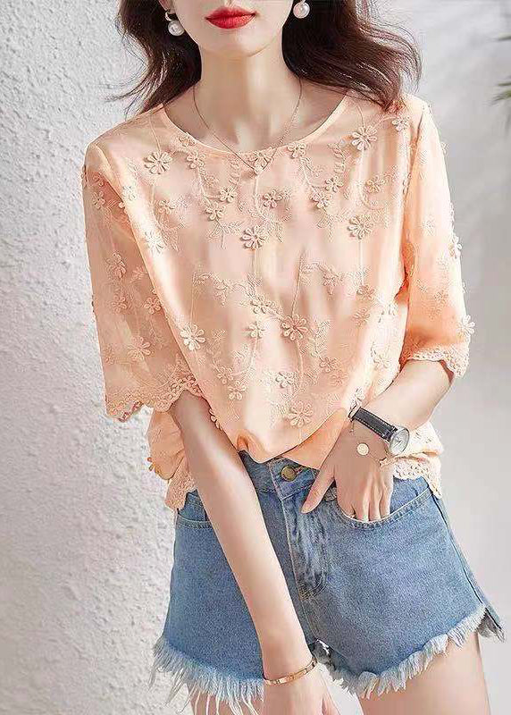 Vogue O-Neck Embroidered Chiffon Shirt Short Sleeve WW012