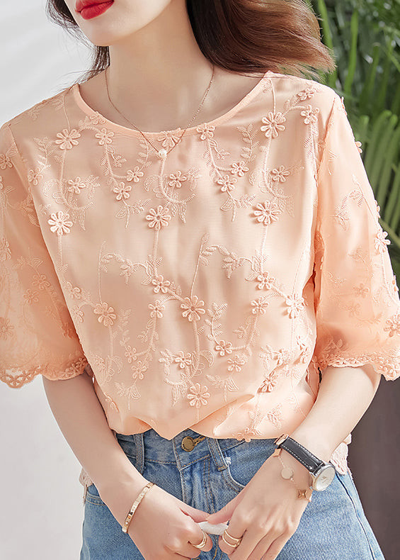 Vogue O-Neck Embroidered Chiffon Shirt Short Sleeve WW012