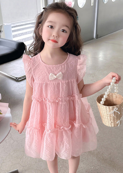 Robe mi-longue en tulle à volants et patchwork rose Vogue pour enfants, été GF007