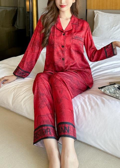 Ensemble deux pièces chemise en soie à imprimé rouge et pantalon large à manches longues Vogue XS1017