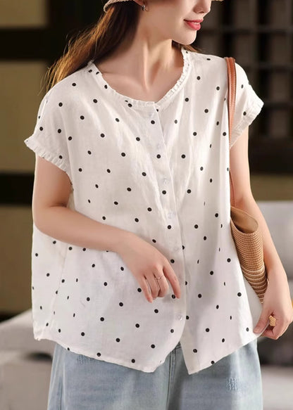Print Shirt Linen Ruffled White Button Summer