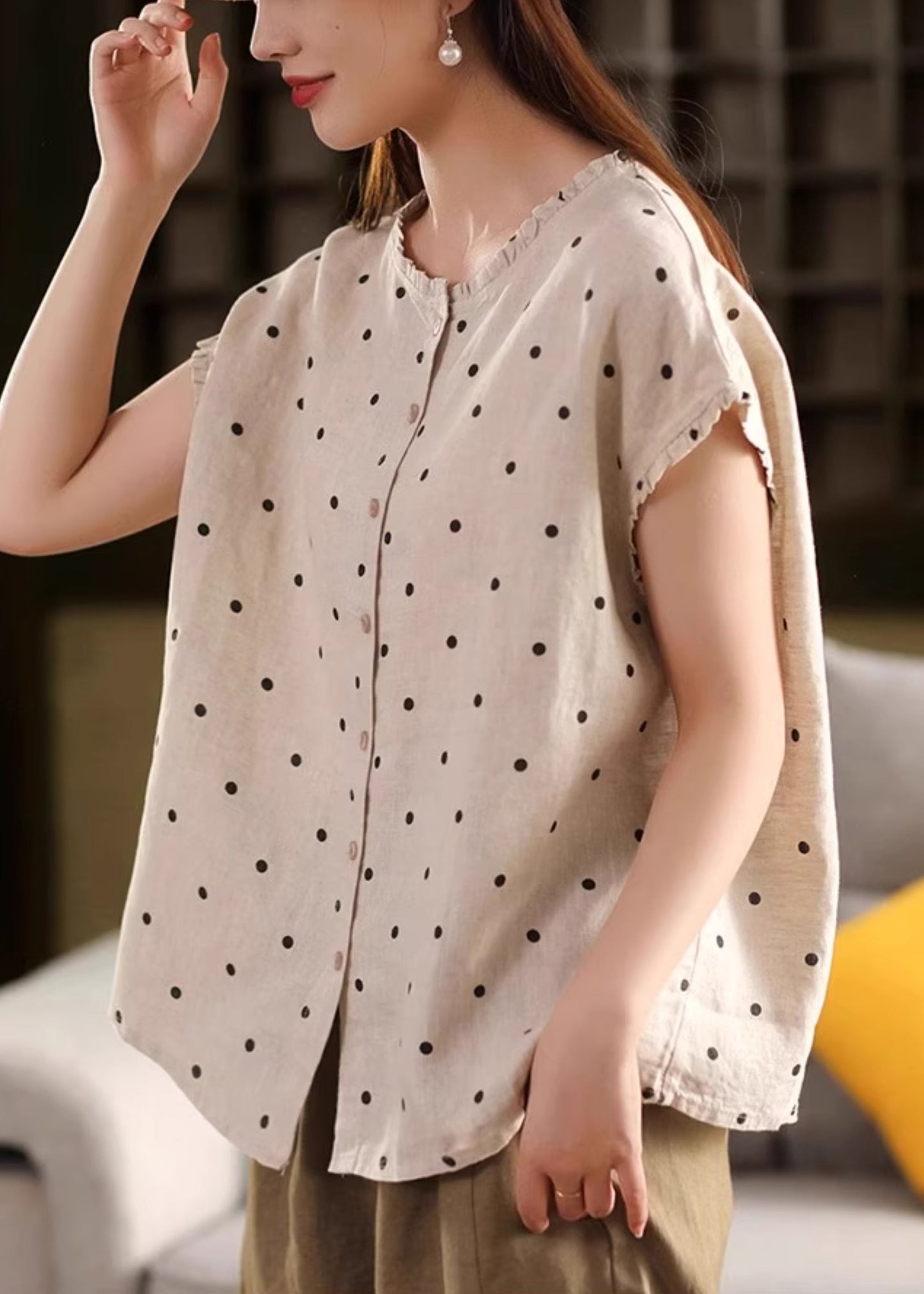 Print Shirt Linen Ruffled White Button Summer