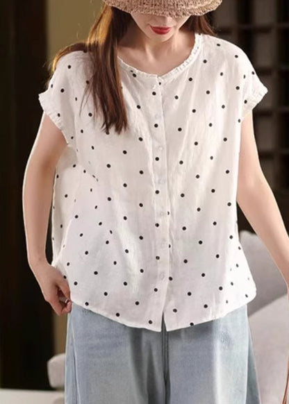 Print Shirt Linen Ruffled White Button Summer