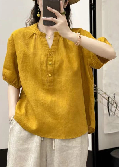 Chemises d'été blanches en lin à col en V et boutons