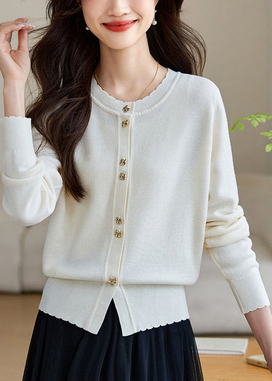 White Button Solid Wool Knit Fall Coats O Neck QG004