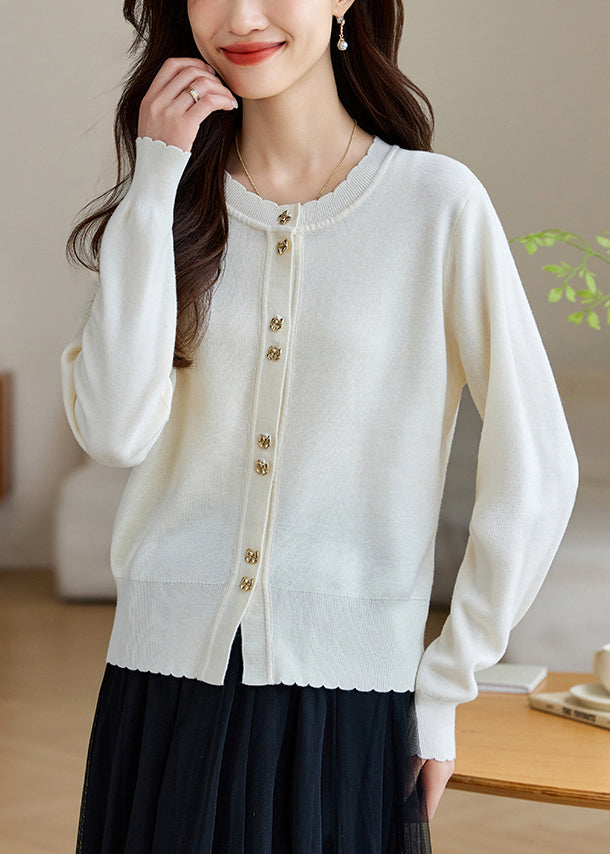 White Button Solid Wool Knit Fall Coats O Neck QG004