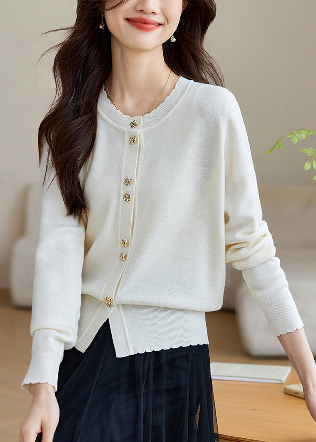 White Button Solid Wool Knit Fall Coats O Neck QG004